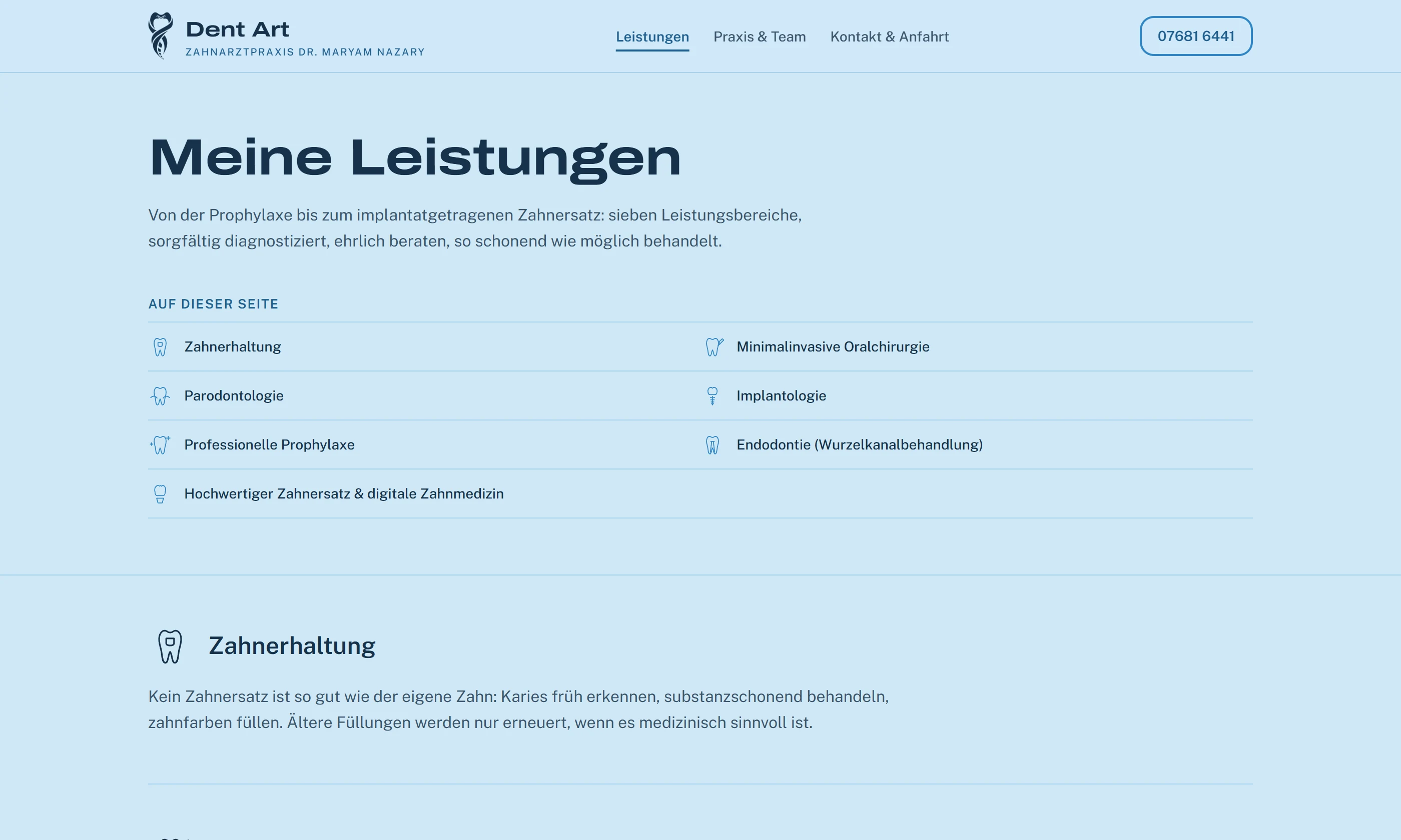 Leistungen-Seite von Dent Art: Überschrift „Meine Leistungen“, darunter ein Verzeichnis der sieben Leistungsbereiche, jeder mit einem eigenen gezeichneten Zahn-Symbol.
